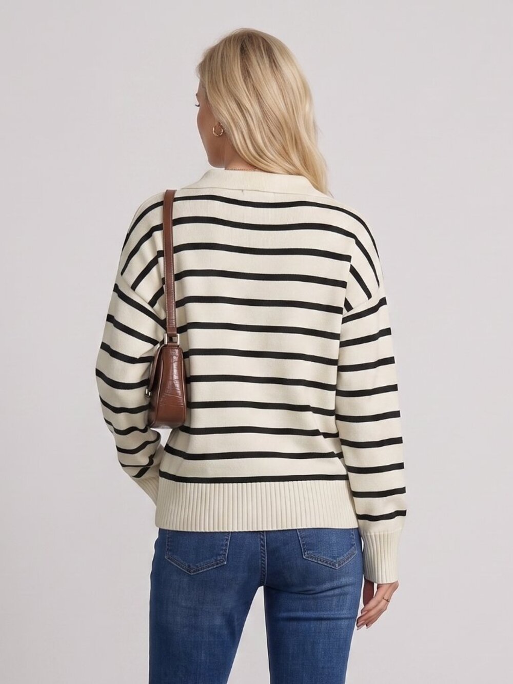 Women's Off White Black Striped Polo Sweater Drop Shoulder Long Sleeve Knit Top - Picture 2 of 4